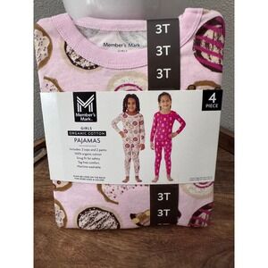 Members Mark Girls Organic Cotton Pajamas 4 Piece Set 3T Donut Gummy Bear Pink